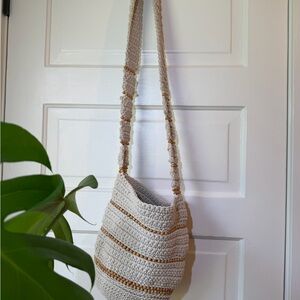 Free People Handwoven Cream Crochet Shoulder Bag with Wood Bead Accents